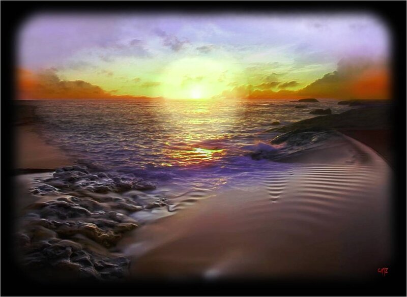 Sunset over Ocean — Purple, Serene, Digital Art