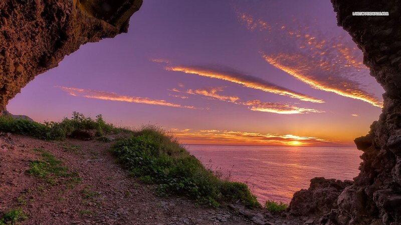 Sunset over Ocean — Purple, Serene, Photograph, Cave
