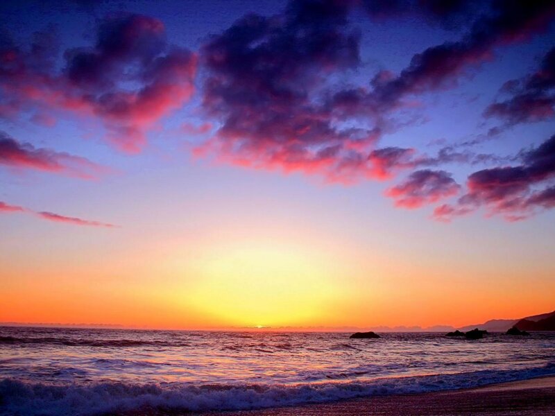 Sunset over Ocean — Purple, Serene, Photograph, Clouds, Waves