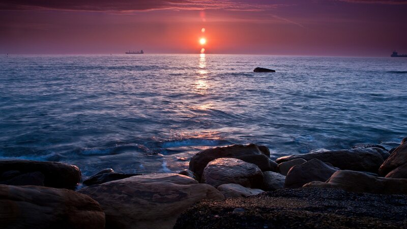 Sunset over Ocean — Purple, Serene, Photograph, Ship, Rocks