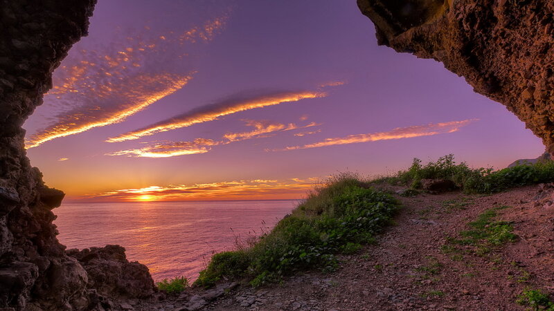 Sunset over Ocean — Purple, Serene, Photograph, Sky, Cave