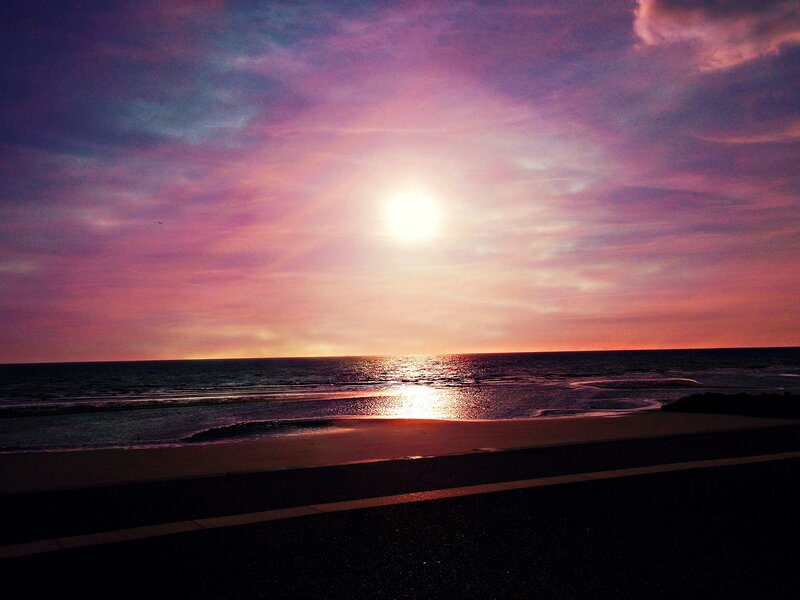Sunset over Ocean — Purple, Serene, Photograph, Sun, Beach