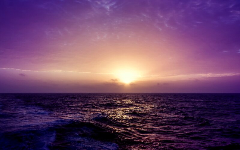 Sunset over Ocean — Purple, Serene, Photograph, Sun, Clouds, Waves