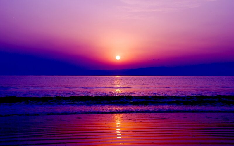 Sunset over Ocean — Purple, Serene, Photograph, Sun, Waves