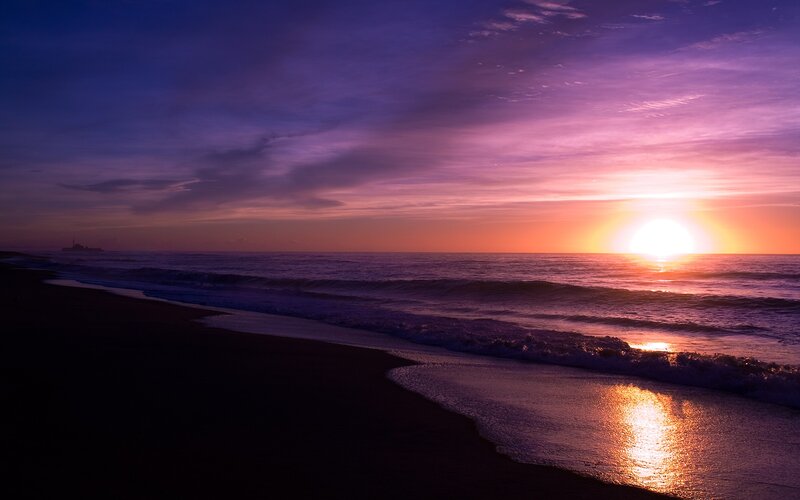 Sunset over Ocean — Purple, Serene, Photograph, Waves, Sky, Beach