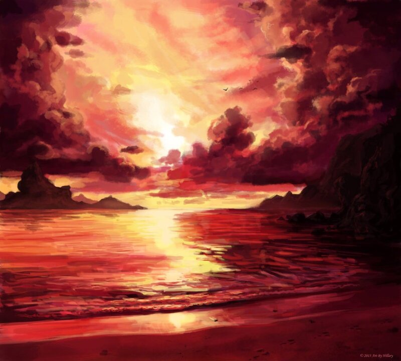 Sunset over Ocean — Red, Dramatic, Digital Art, Clouds, Birds