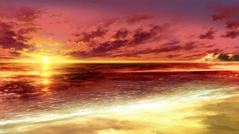 Sunset over Ocean — Red, Dramatic, Digital Art, Clouds
