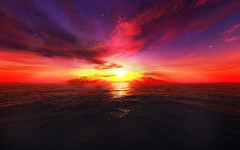 Sunset over Ocean — Red, Dramatic, Digital Art, Sky, Clouds