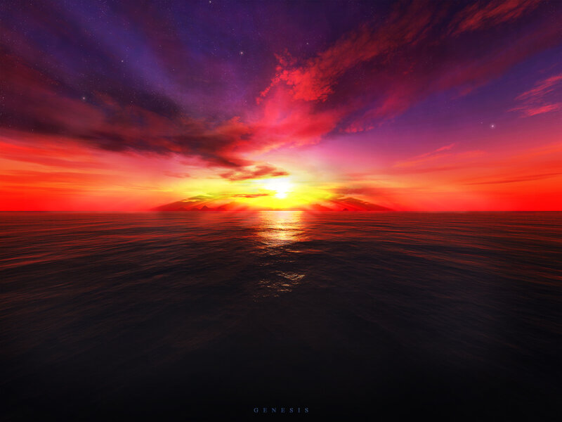 Sunset over Ocean — Red, Dramatic, Digital Art, Sun, Clouds, Sea