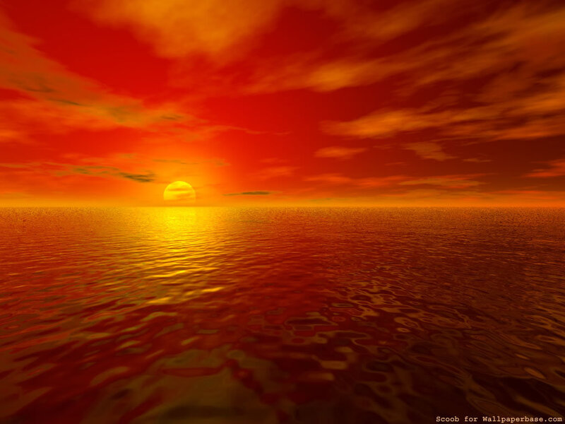 Sunset over Ocean — Red, Dramatic, Digital Art, Sun, Clouds, Water, Orange