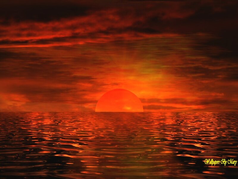 Sunset over Ocean — Red, Dramatic, Digital Art, Sun, Clouds, Water