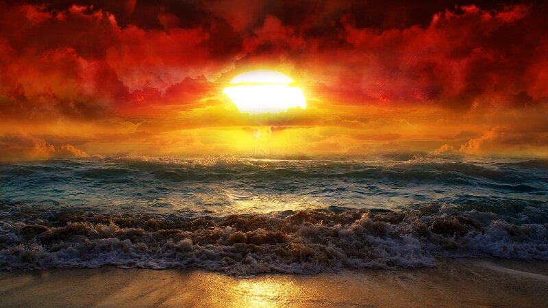Sunset over Ocean — Red, Dramatic, Digital Art, Sun, Clouds, Waves