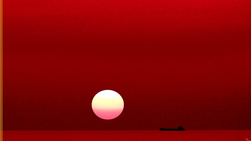 Sunset over Ocean — Red, Dramatic, Digital Art, Sun, Ship