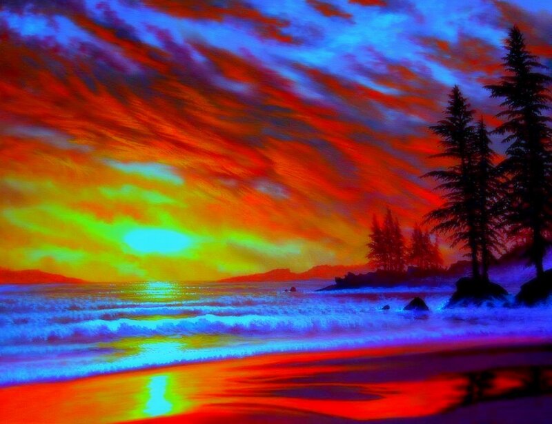 Sunset over Ocean — Red, Dramatic, Digital Art, Trees