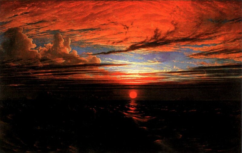 Sunset over Ocean — Red, Dramatic, Painting, Sun