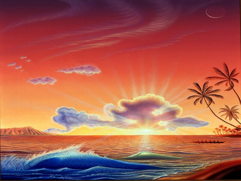 Sunset over Ocean — Red, Dramatic, Painting