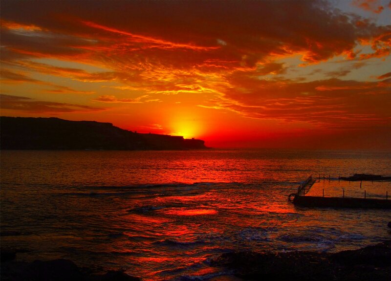 Sunset over Ocean — Red, Dramatic, Photograph, Cliff