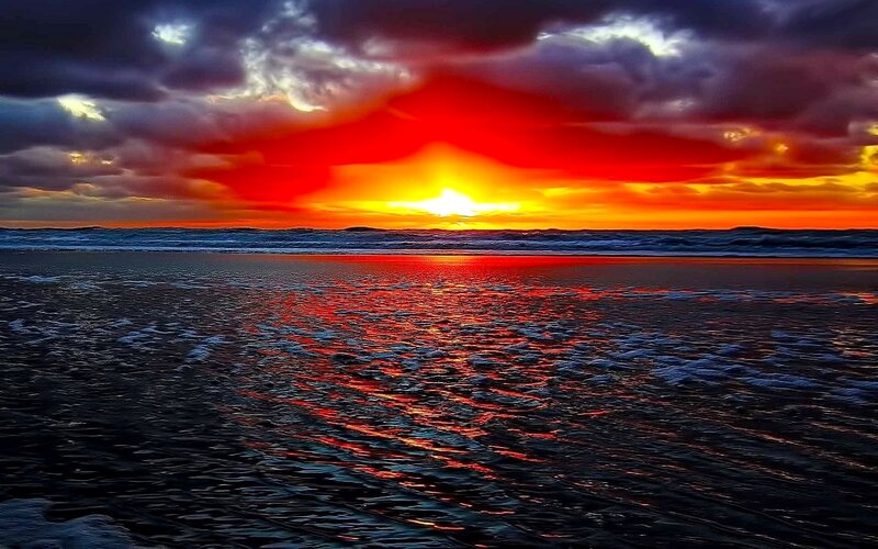 Sunset over Ocean — Red, Dramatic, Photograph, Clouds, Beach