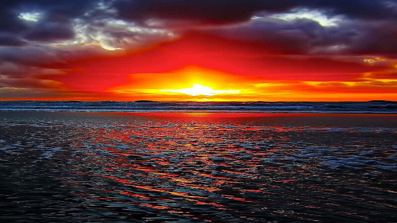 Sunset over Ocean — Red, Dramatic, Photograph, Clouds, Beach, Waves