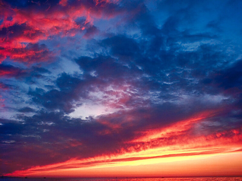 Sunset over Ocean — Red, Dramatic, Photograph, Clouds, Blue