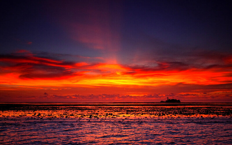 Sunset over Ocean — Red, Dramatic, Photograph, Clouds, Island