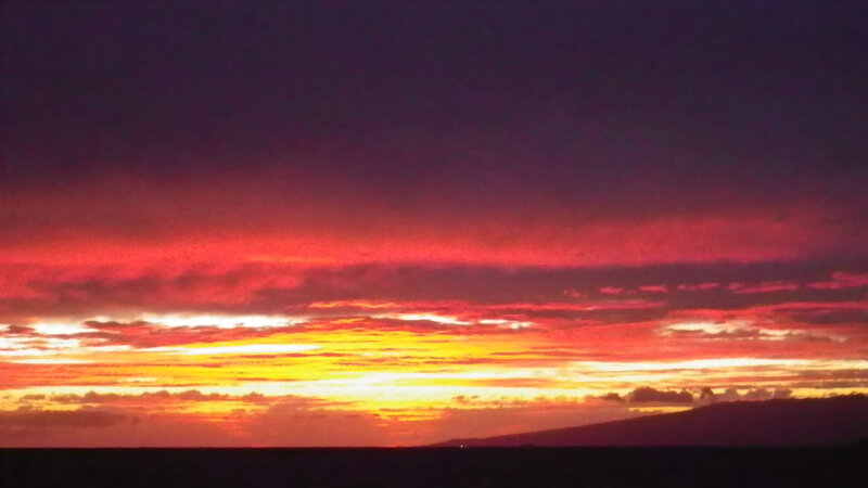 Sunset over Ocean — Red, Dramatic, Photograph, Clouds, Mountain