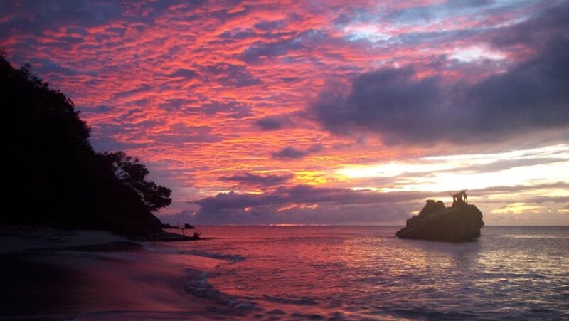 Sunset over Ocean — Red, Dramatic, Photograph, Clouds, Rock