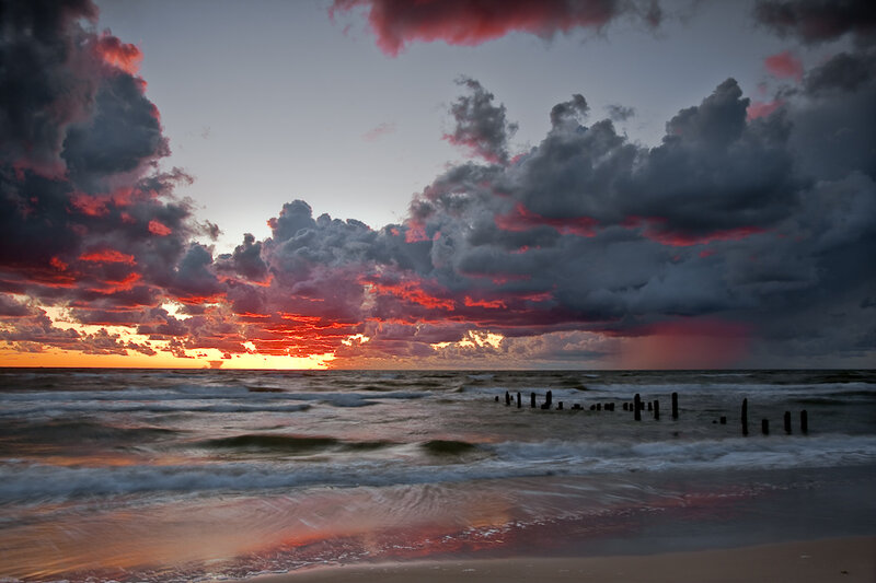 Sunset over Ocean — Red, Dramatic, Photograph, Clouds, Sand