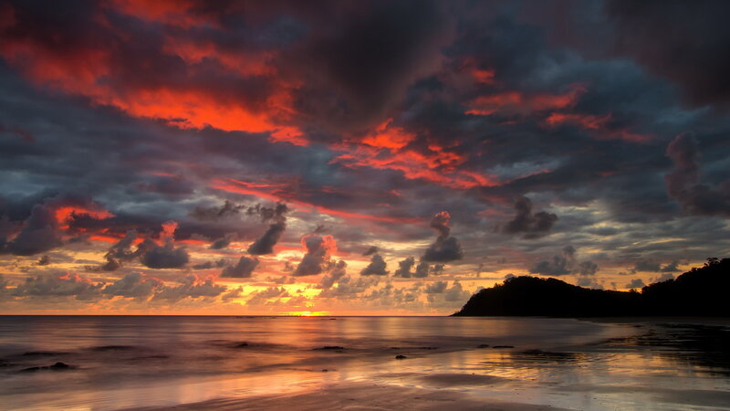 Sunset over Ocean — Red, Dramatic, Photograph, Clouds, Sea