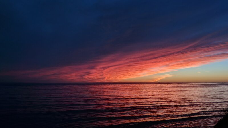 Sunset over Ocean — Red, Dramatic, Photograph, Clouds, Ship