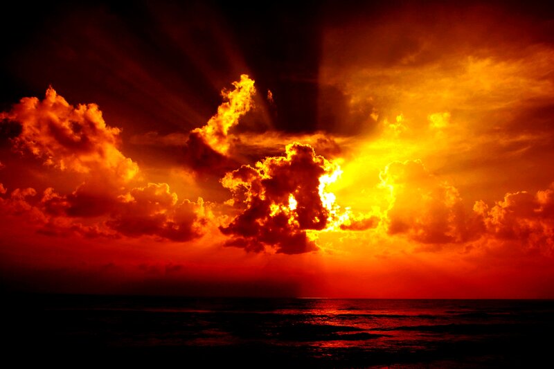 Sunset over Ocean — Red, Dramatic, Photograph, Clouds, Sun