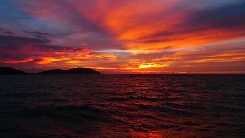 Sunset over Ocean — Red, Dramatic, Photograph, Island