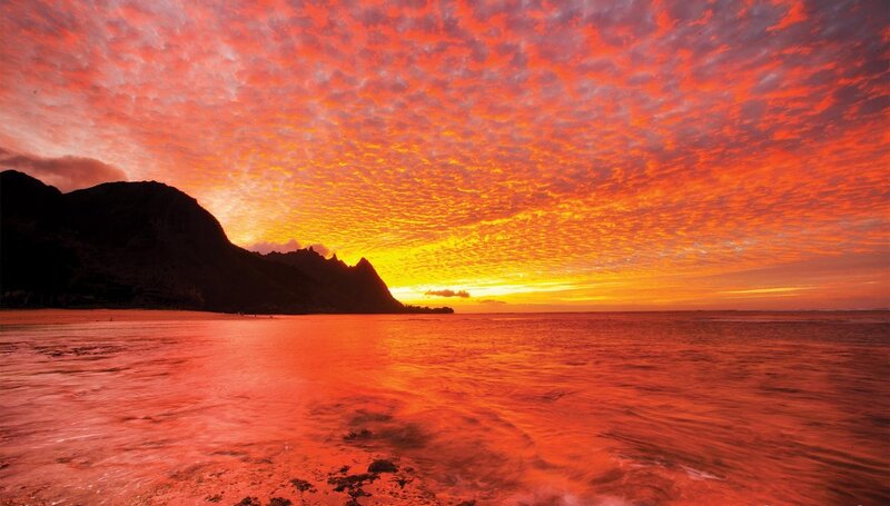 Sunset over Ocean — Red, Dramatic, Photograph, Mountain, Clouds