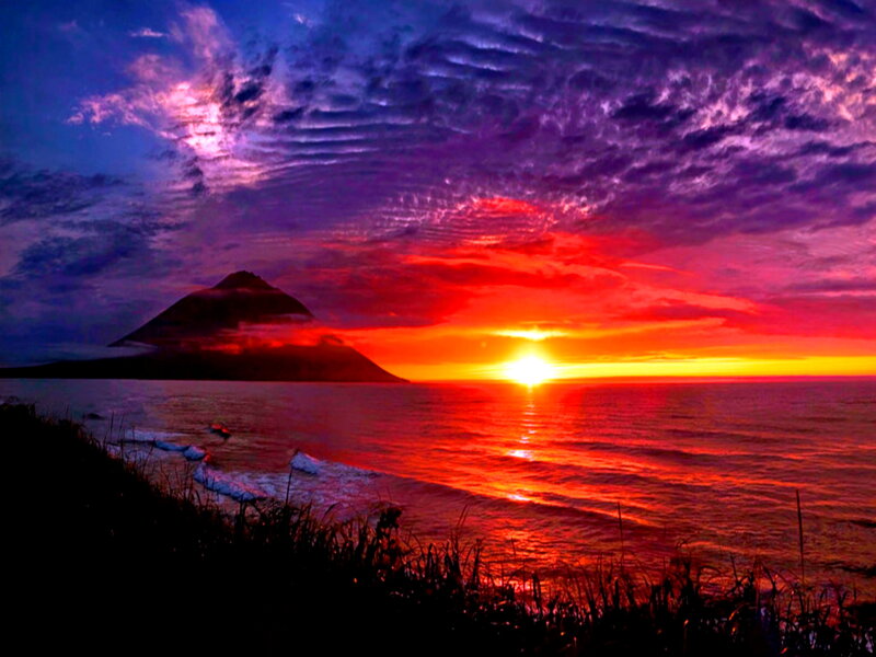 Sunset over Ocean — Red, Dramatic, Photograph, Mountain