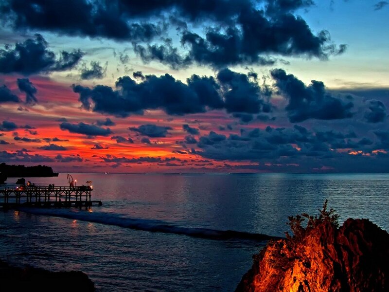 Sunset over Ocean — Red, Dramatic, Photograph, Pier