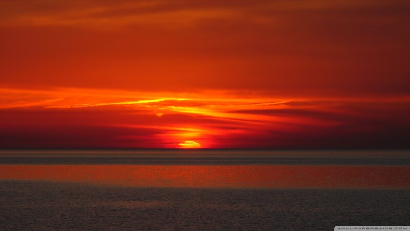 Sunset over Ocean — Red, Dramatic, Photograph, Sky, Clouds, Water