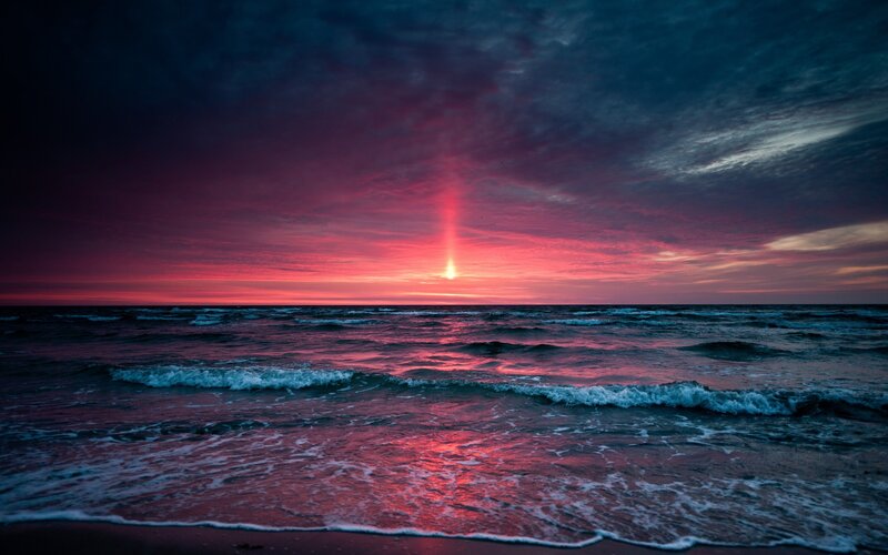 Sunset over Ocean — Red, Dramatic, Photograph, Sky, Waves, Horizon