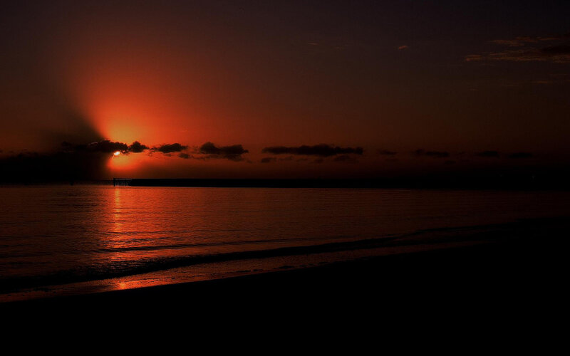 Sunset over Ocean — Red, Dramatic, Photograph, Sun, Clouds, Beach