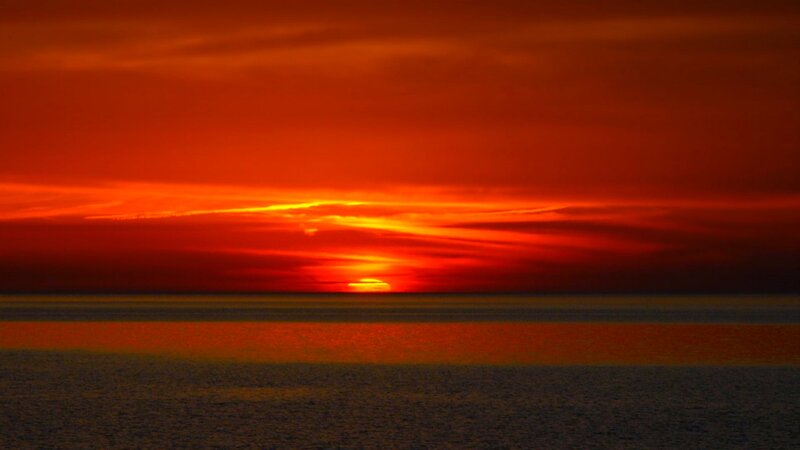 Sunset over Ocean — Red, Dramatic, Photograph, Sun, Clouds, Sea
