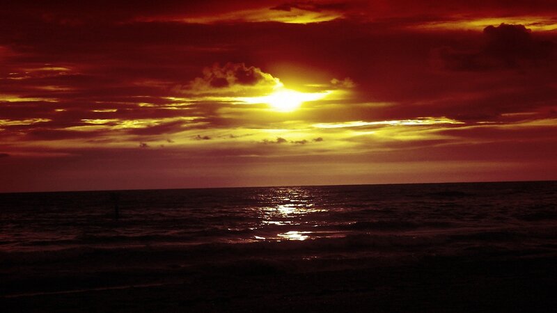 Sunset over Ocean — Red, Dramatic, Photograph, Sun, Clouds, Sea, Yellow, Black