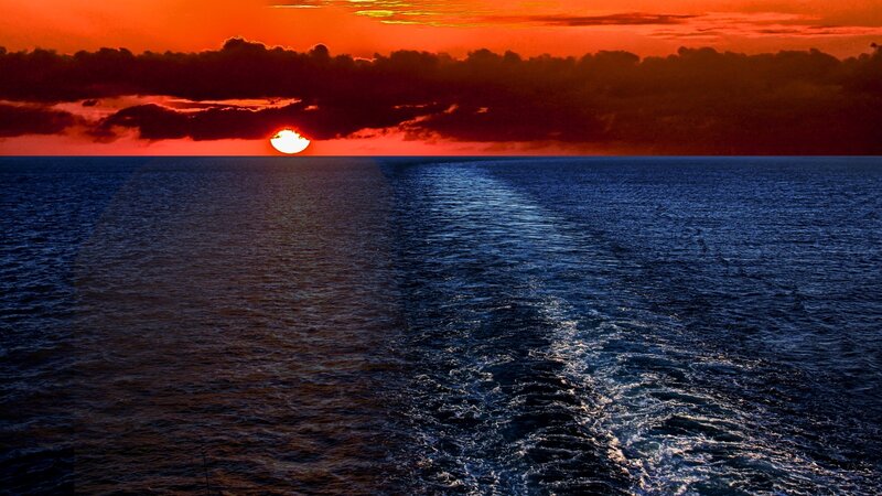 Sunset over Ocean — Red, Dramatic, Photograph, Sun, Clouds, Wake