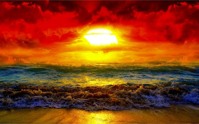 Sunset over Ocean — Red, Dramatic, Photograph, Sun, Clouds, Waves, Beach