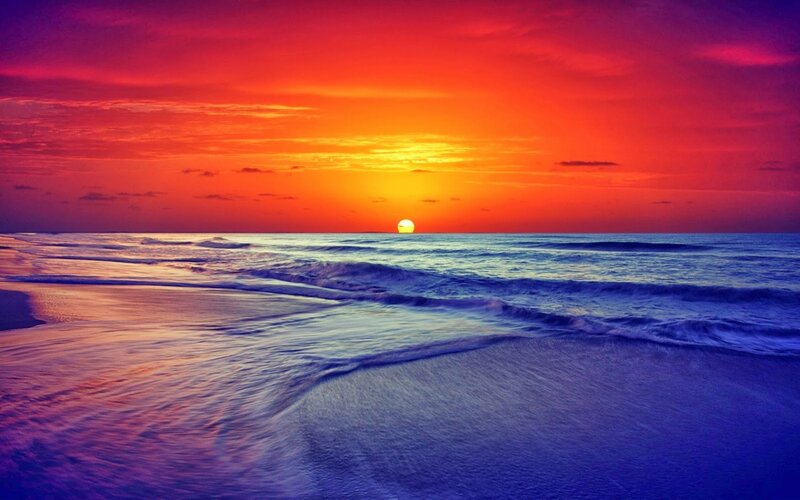 Sunset over Ocean — Red, Dramatic, Photograph, Sun, Waves