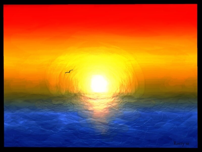 Sunset over Ocean — Red, Serene, Digital Art, Sun