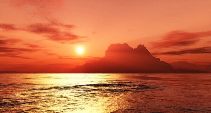 Sunset over Ocean — Red, Serene, Digital Art