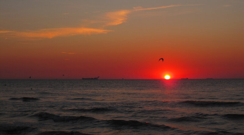 Sunset over Ocean — Red, Serene, Photograph, Sun