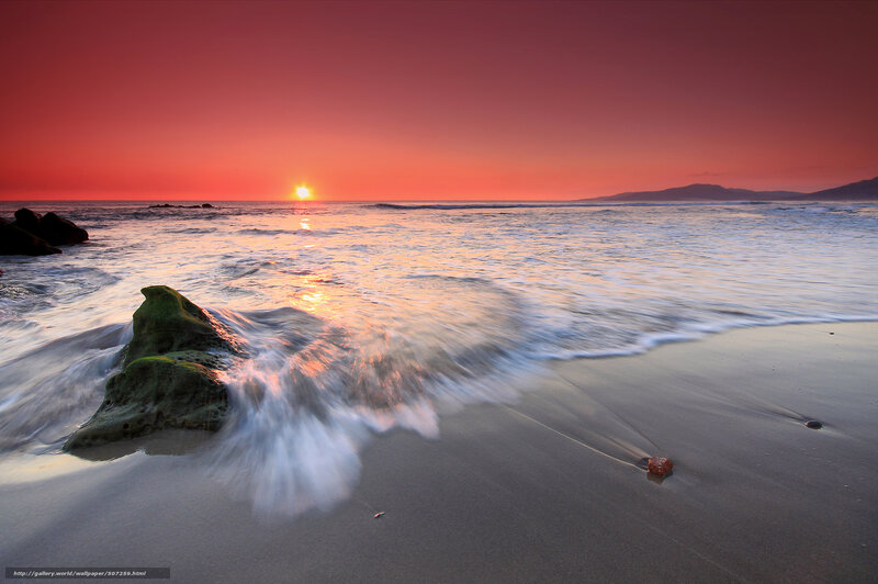 Sunset over Ocean — Red, Serene, Photograph, Waves, Rocks