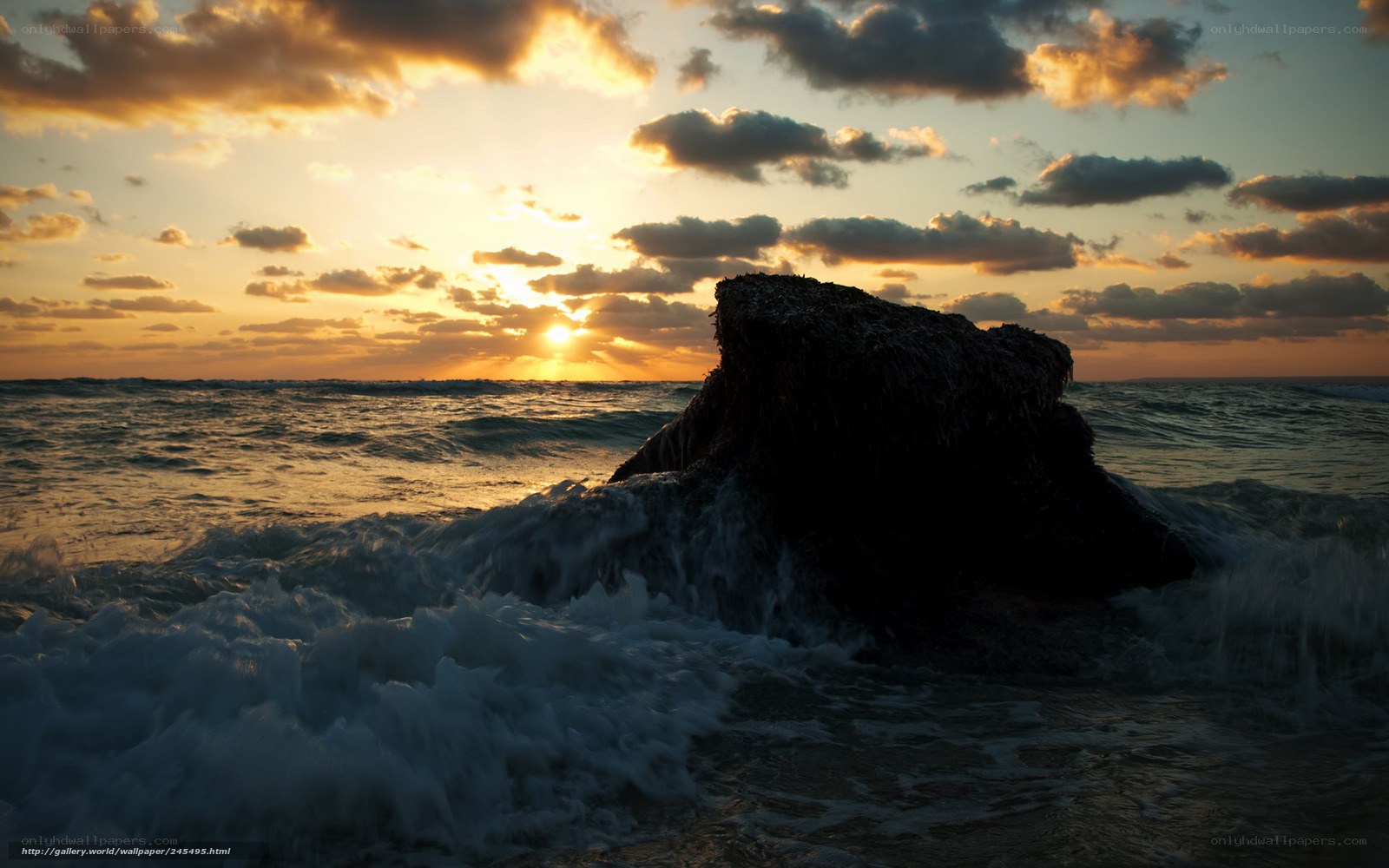 Sunset over ocean rock