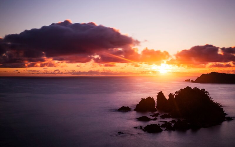 Sunset over Ocean Rocks — Orange, Dramatic, Photograph, Clouds