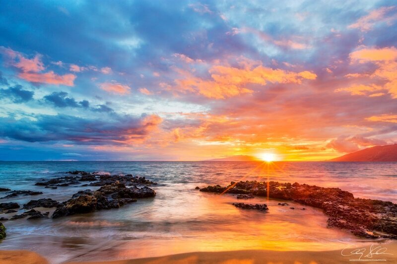 Sunset over Ocean Rocks — Orange, Dramatic, Photograph, Mountain